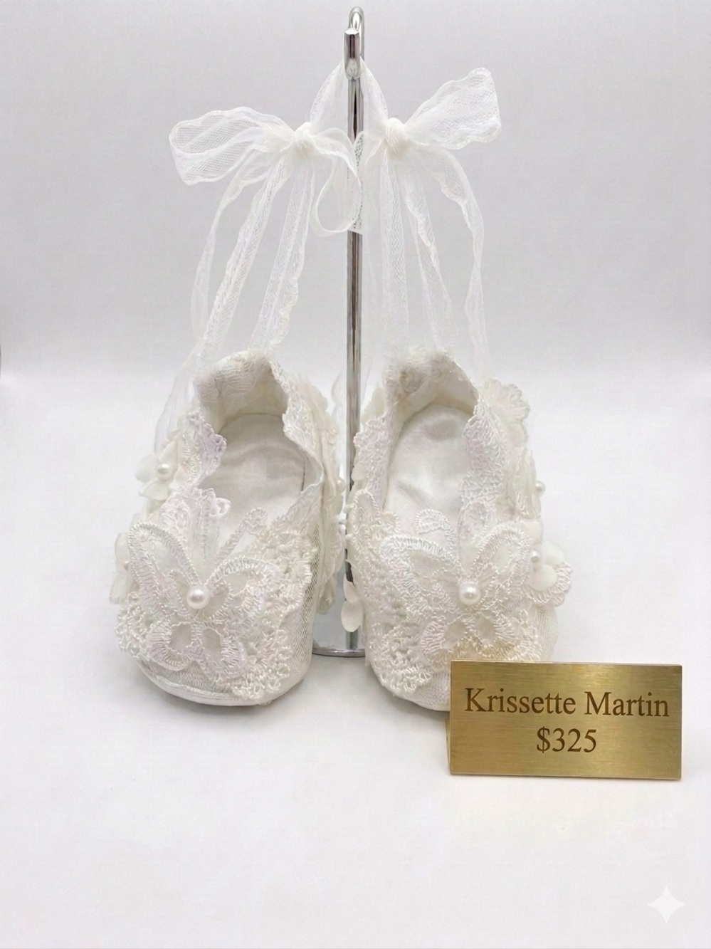 CUSTOM ORDER Butterfly Lace Booties (Baptism) 
Krissette Martin Designs